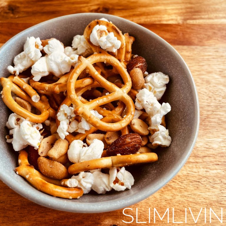 Bowl of popcorn, pretzels and nuts